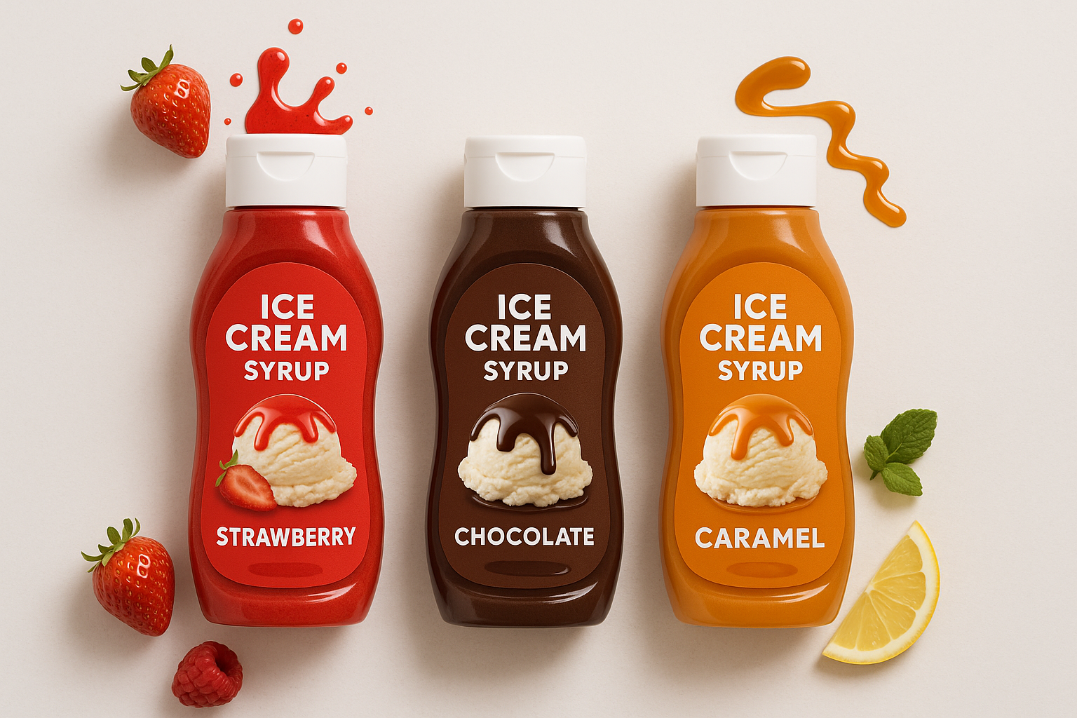Ice cream syrup bottles in various flavors